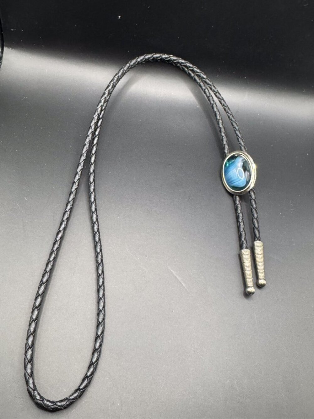 Vintage Blue Black Agate Bolo Tie Western Cowboy Leather Cord